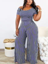 Blue Stripe Print Fashion Large Size Loose Casual Two-Piece Suit