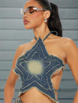 Blue Summer Lace-Up Halter Neck Five-Pointed Star Sexy Denim Top