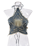 Blue Summer Lace-Up Halter Neck Five-Pointed Star Sexy Denim Top