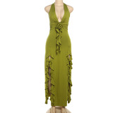 Green Sexy Deep V-Neck Halter Neck Slit Flower Decoration Dress