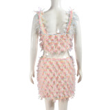 Pink Summer Beach Backless Navel-Baring Mesh Skirt Two-Piece Set