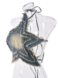 Blue Summer Lace-Up Halter Neck Five-Pointed Star Sexy Denim Top