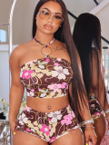 Colour Sexy Print Patchwork Backless Halter Sleeveless Two Pieces