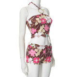 Colour Sexy Print Patchwork Backless Halter Sleeveless Two Pieces