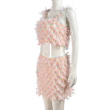 Pink Summer Beach Backless Navel-Baring Mesh Skirt Two-Piece Set