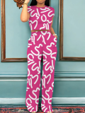 Rose Red Trendy Geometric Print Short-Sleeved Two-Piece Suit