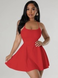 Red Sexy Suspender Waist Solid Color Dress