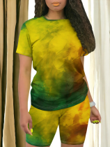 New Gradient Print Round Neck Short Sleeve Two Piece Suit