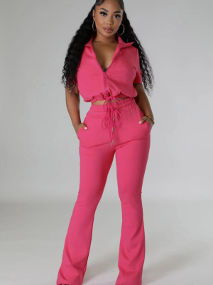 Rose Red Fashion Casual Zipper Top Flared Pants Two-Piece Set