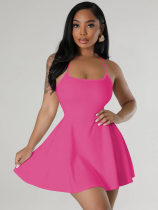 Rose Red Sexy Suspender Waist Solid Color Dress