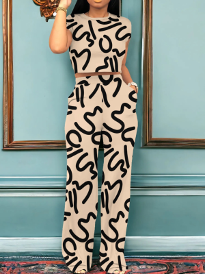 Khaki Trendy Geometric Print Short-Sleeved Two-Piece Suit