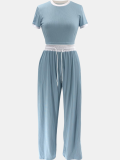 Sky Blue Ribbed Contrast Color Stitching Round Neck Short-Sleeved Trousers Two-Piece Set