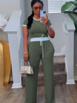 Green Ribbed Contrast Color Stitching Round Neck Short-Sleeved Trousers Two-Piece Set