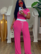 Rose Red Ribbed Contrast Color Stitching Round Neck Short-Sleeved Trousers Two-Piece Set