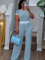 Sky Blue Ribbed Contrast Color Stitching Round Neck Short-Sleeved Trousers Two-Piece Set