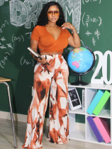 Orange Fashionable And Elegant Versatile Printed Wide-Leg Pants Two-Piece Suit