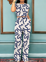 White Trendy Geometric Print Short-Sleeved Two-Piece Suit