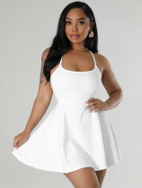 White Sexy Suspender Waist Solid Color Dress