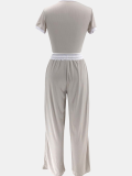Off White Ribbed Contrast Color Stitching Round Neck Short-Sleeved Trousers Two-Piece Set