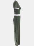 Green Ribbed Contrast Color Stitching Round Neck Short-Sleeved Trousers Two-Piece Set