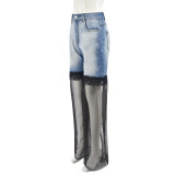 Blue Colorblocked Spliced Mesh Wash Jeans