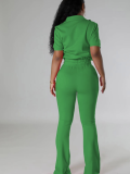 Green Fashion Casual Zipper Top Flared Pants Two-Piece Set