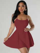 Wine Red Sexy Suspender Waist Solid Color Dress