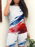 New Gradient Print Round Neck Short Sleeve Two Piece Suit