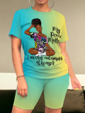 Fashionable And Casual Gradient Print O-Neck Two-Piece Suit