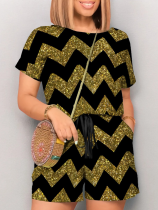 Black New Striped Printed O-Neck Short Sleeve Jumpsuit