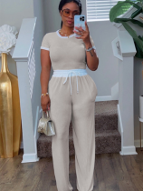 Off White Ribbed Contrast Color Stitching Round Neck Short-Sleeved Trousers Two-Piece Set