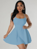 Blue Sexy Suspender Waist Solid Color Dress