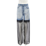 Blue Colorblocked Spliced Mesh Wash Jeans