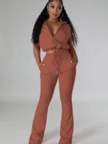 Brown Fashion Casual Zipper Top Flared Pants Two-Piece Set