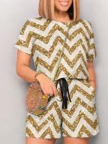 Yellow New Striped Printed O-Neck Short Sleeve Jumpsuit