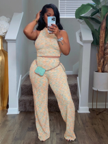 Apricot Summer Sleeveless Printed Wide-Leg Trousers Two-Piece Set
