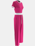 Rose Red Ribbed Contrast Color Stitching Round Neck Short-Sleeved Trousers Two-Piece Set