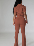 Brown Fashion Casual Zipper Top Flared Pants Two-Piece Set