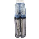 Blue Colorblocked Spliced Mesh Wash Jeans