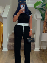 Black Ribbed Contrast Color Stitching Round Neck Short-Sleeved Trousers Two-Piece Set