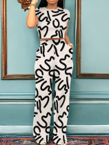 White Trendy Geometric Print Short-Sleeved Two-Piece Suit