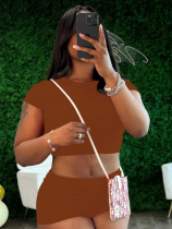 Brown Tight Cropped Top Sports Shorts Two Piece Set