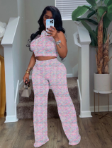 Pink Summer Sleeveless Printed Wide-Leg Trousers Two-Piece Set