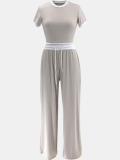Off White Ribbed Contrast Color Stitching Round Neck Short-Sleeved Trousers Two-Piece Set