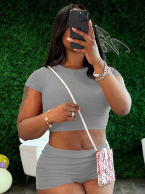 Grey Tight Cropped Top Sports Shorts Two Piece Set