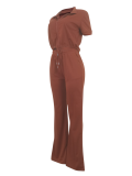 Brown Fashion Casual Zipper Top Flared Pants Two-Piece Set