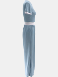 Sky Blue Ribbed Contrast Color Stitching Round Neck Short-Sleeved Trousers Two-Piece Set