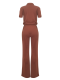 Brown Fashion Casual Zipper Top Flared Pants Two-Piece Set
