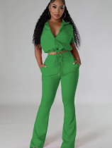 Green Fashion Casual Zipper Top Flared Pants Two-Piece Set
