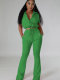 Green Fashion Casual Zipper Top Flared Pants Two-Piece Set